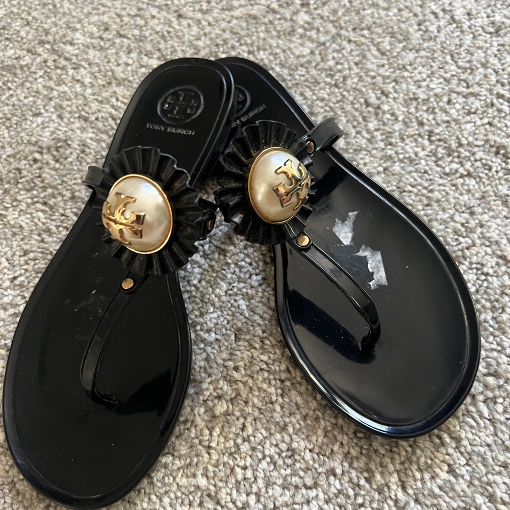 Tory Burch Black and Gold Sandals with Medallion size 6